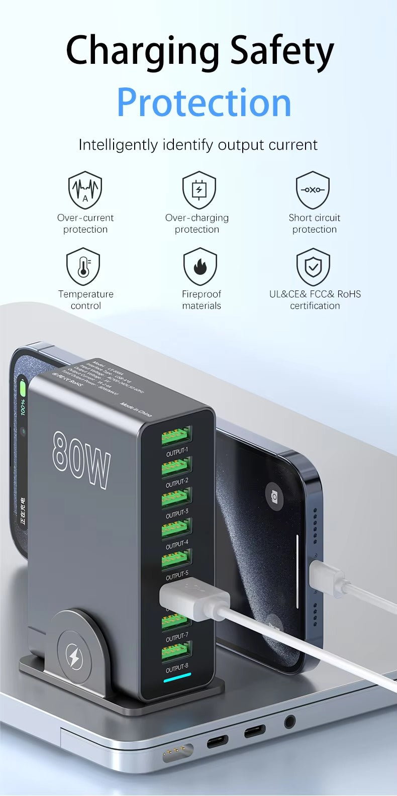 USB Charger 80W 8 Ports Desktop USB Charging Station with Multiple Port for Mobile Phones and Tablets