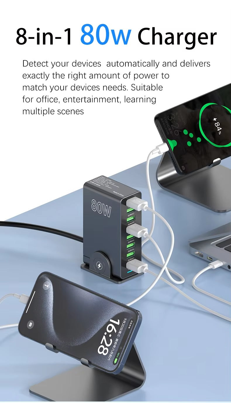USB Charger 80W 8 Ports Desktop USB Charging Station with Multiple Port for Mobile Phones and Tablets